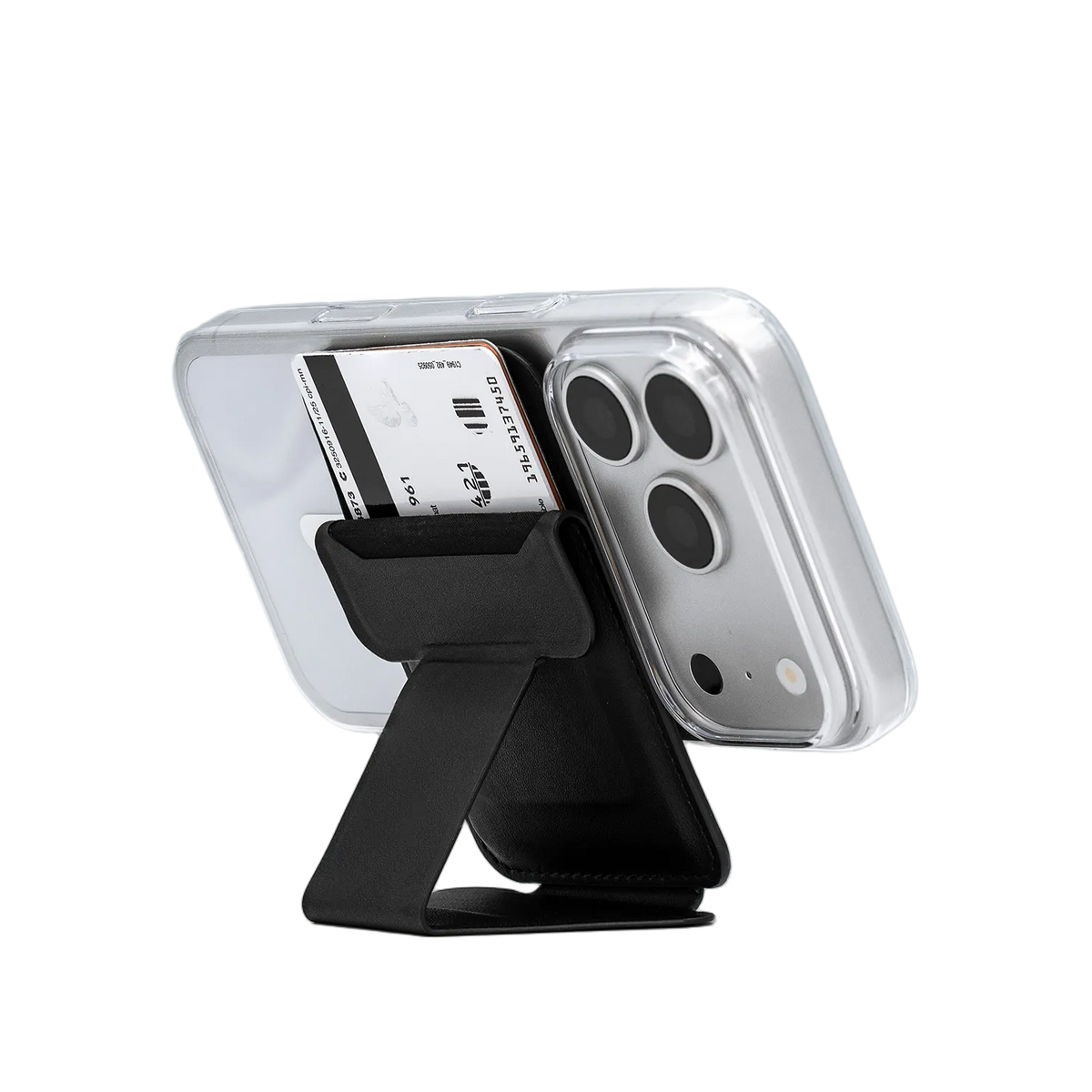 Peel Magnetic Wallet Stand in black holding a card and propping up a clear iPhone case